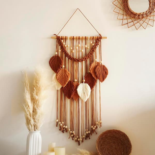 Makramé Veggdekor - Håndlaget Blad Veggteppe, Boho Dekorasjoner for Soverom Stue Bad