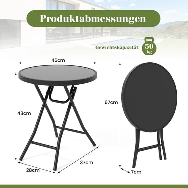 Runt uteplats soffbord med härdat glasskiva & Metallram Fällbart sidobord Svart