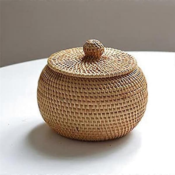Round Rattan Box with Lid, Hand-Woven Storage Box, Home Decor
