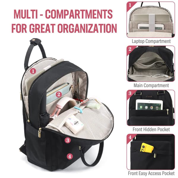 Laptop Backpack for Women 15 Inch, with USB Port, Waterproof Travel Backpack Black