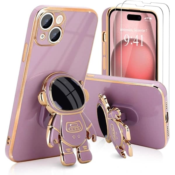iPhone 15 Deksel, Søt 3D Astronaut Stativ med [2 Skjermbeskyttere] [Kamerabeskyttelse] Støtsikkert Bling Silikon Mykt Bakdeksel Lilla, A