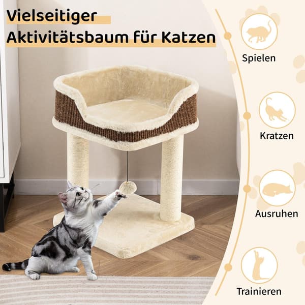 Kattetre med plysjsete, sisalstolper og ball, beige