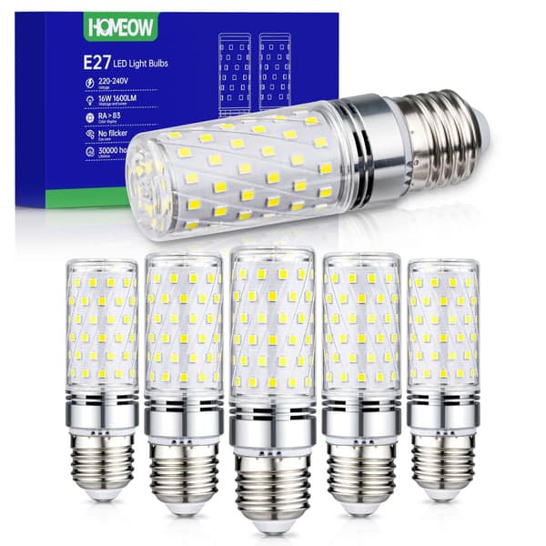6-pack E27 Corn LED Bulbs 16W=150W Eq - 6000K Cool White 1600LM, Energy Saving, AC 220-240V Non-Dimmable Indoor Lighting