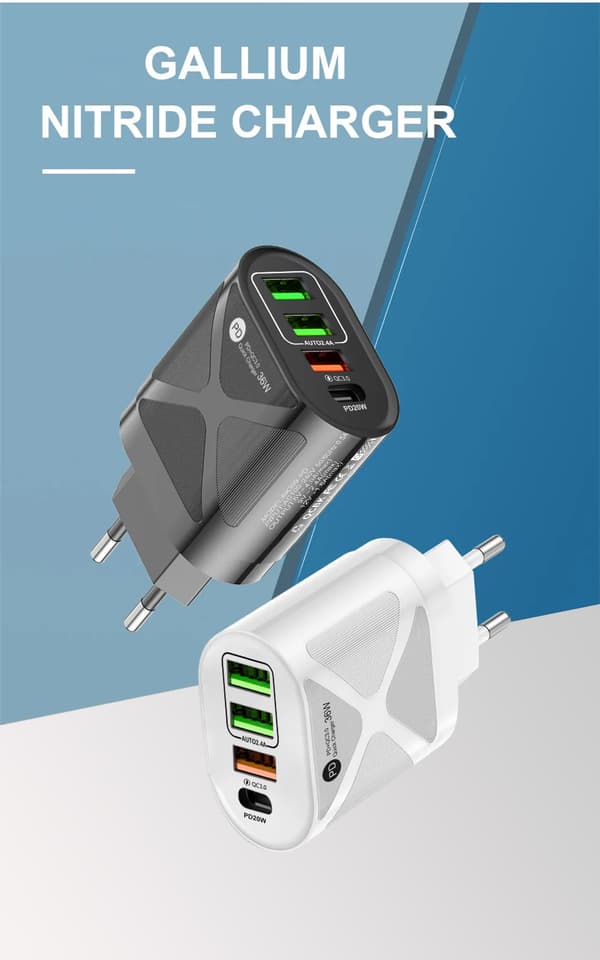 Høykvalitets 20W USB-C PD-lader bærbar QC3.0 2.4A hurtiglader fire porter mobiltelefon GaN-materiale US/EU tilgjengelig