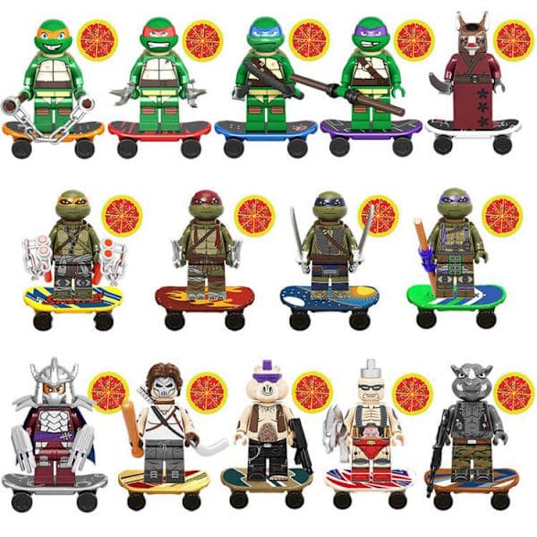 14 typer af Ninja Turtles byggeklodser med våben, skateboards
