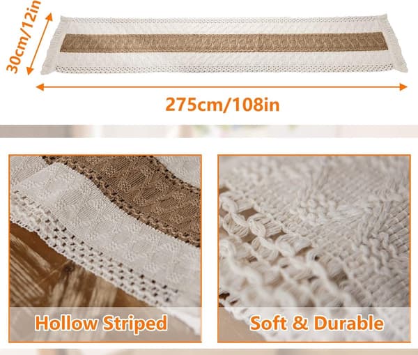 Cotton Linen Jute Table Runner with Tassels, Bohemian White and Khaki, 30x275cm