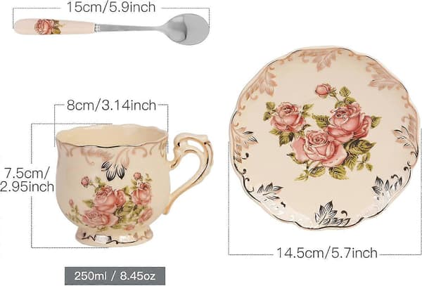 Rosa Ros Kopp och Fat Set 240ml, Elfenbensfärgad Keramisk Tekopp och Fat med Sked