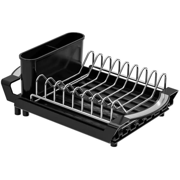 Compact Extendable Dish Rack with Cutlery Holder and Drip Tray in Stainless Steel / 28-47cm (Black)
