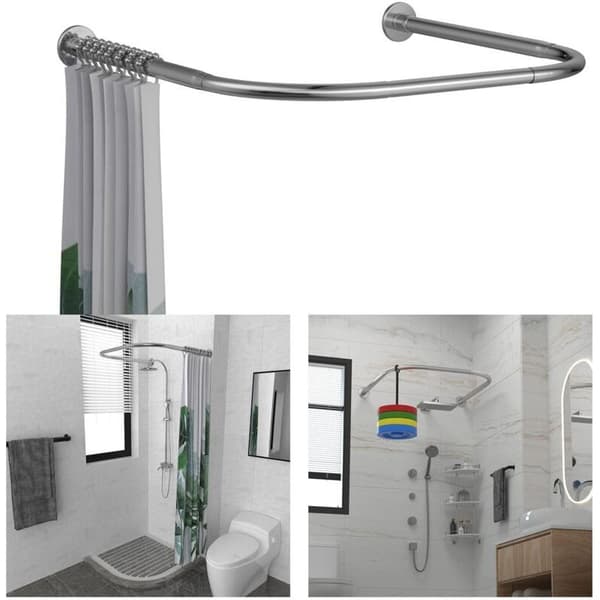 L-formet badeforhængsstang, justerbar vinkel [68-98 cm] × [68-98 cm], badeforhængsbeslag, til badekar, boring påkrævet, sølv
