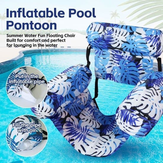 Inflatable Water Hammock Pool - Floating Water Chair with 3 Air Chambers - Inflatable Pool Lounge - Blue Leaf Pattern