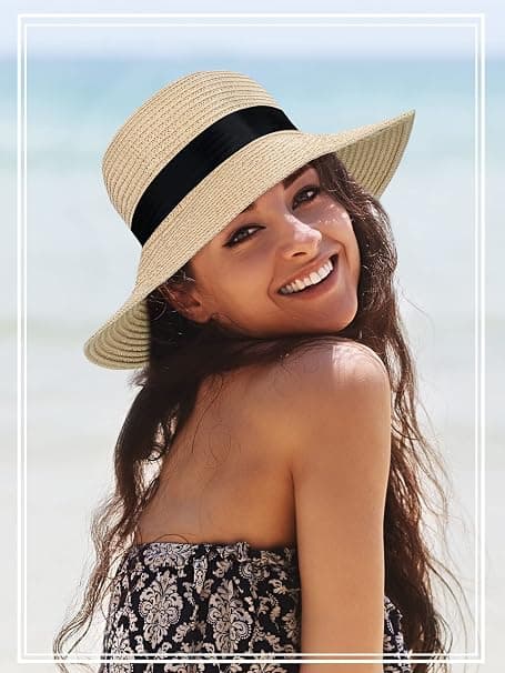 Dam solhatt sommarhatt med rosett hopfällbar hatt bred brätte floppy strandhatt semester halmhatt