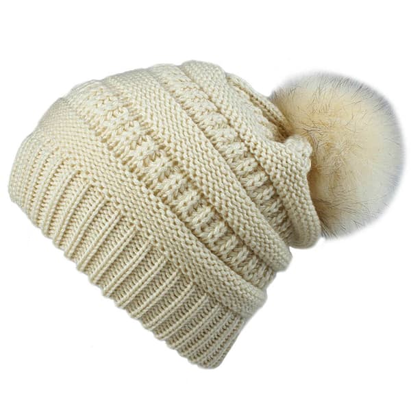 Retro mote hodeplagg dame ensfarget ullball strikket lue Beige Beige