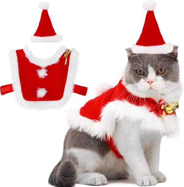Justerbart sødt julemandskostume til kat, julekostume til kæledyr