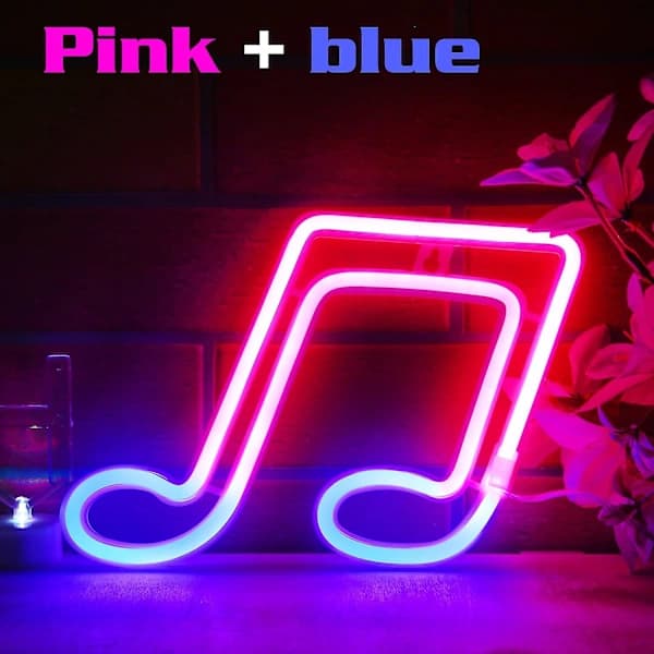 Neonlogotyp med musiknoter, LED-neonlogotyp väggdekor USB/batteri Neonskylt för barnrum bröllop bar festdekoration (rosa+blå)