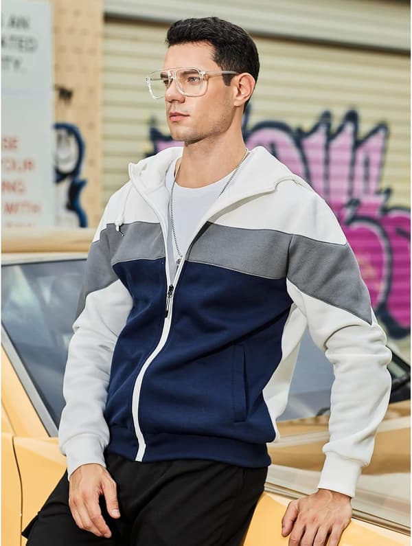 Fleece hettegenser for menn, uformell hettegenser med kontrastfarge og kengurulomme Hvit S White S