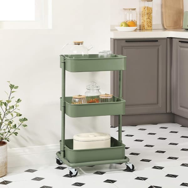 3-Tier Rolling Storage Cart with Height-Adjustable Shelves 2 Brakes Olive Green BSC060C01