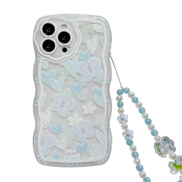 Til iPhone 13 Pro Mobilcover Hjerteform Sommerfuglemønster Transparent TPU-beskyttelse med Perlekæde
