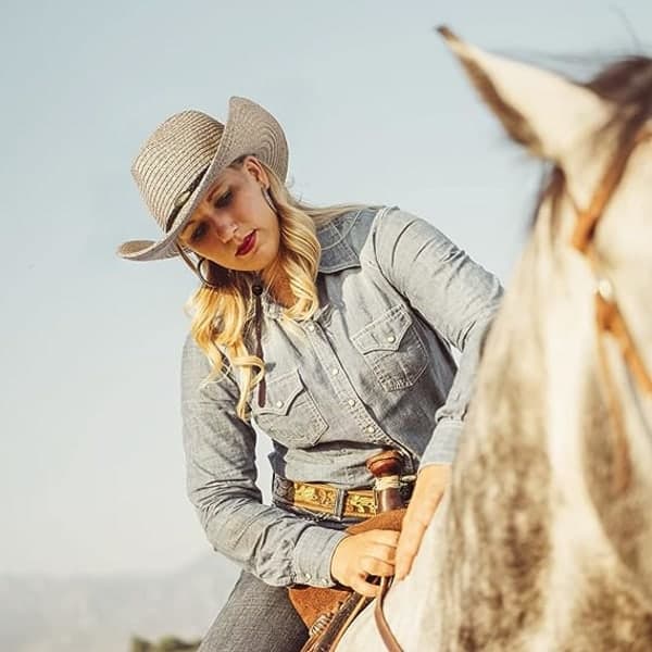 Western Cowboy Hat (med reb) til kvinder og mænd med foldbar sommer solhat stråhat bredskygget hat, beige