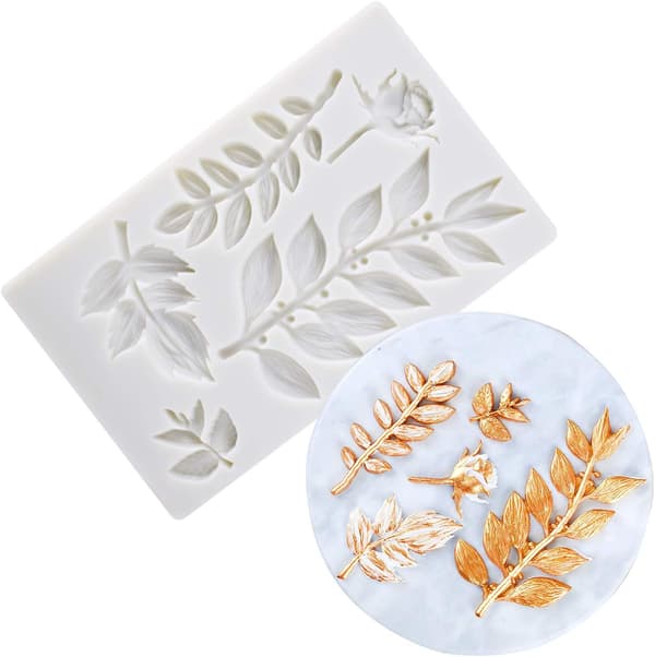 Silikoneform til blomster- og bladmønstre til marcipan - Rosenblad, gren med blade, vinstokblad