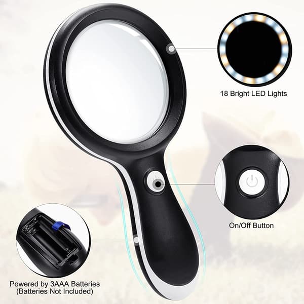 10X Handheld Magnifier with 18 LED Lights and 3 Lighting Modes for Seniors Reading White
