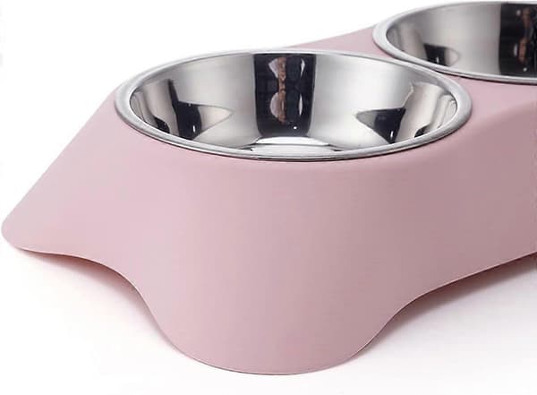 Dobbel hundeskål, sklisikker dobbeltskål i rustfritt stål med sølebeskyttelse for små hunder og katter (S, rosa)