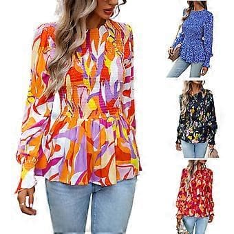 Bluser til kvinder, puf langærmede skjorter, rund hals, afslappede smockede tunika toppe, forår, efterår, vintertøj, streetwear, blå L Blue L