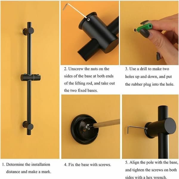 Black Shower Bar, 304 Stainless Steel Shower Bar with Height and Angle Adjustable Mounting Brackets, Brushed, Total Height 660mm