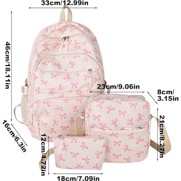 Printed Backpack for Girls - Student Backpack - Cute Bow Three-Piece Backpack Set - Suitable for Travel, School, and Commuting (Pink)-FQ-
