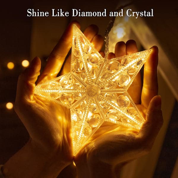 LED Star Curtain Light String Christmas Decoration Diamond Battery Operated Timer 8 Modes, Star Light String Curtain Waterproof Warm White