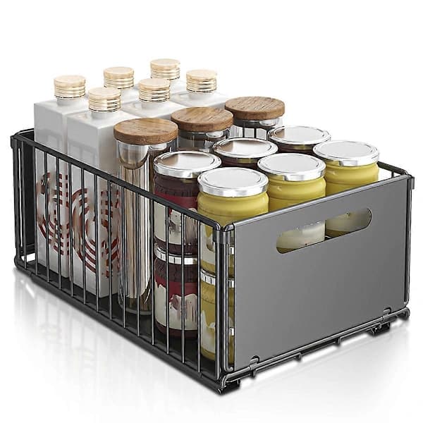 Extendable Kitchen Storage Shelf with Sliding Iron Wire Drawer, Organizer for Spice Bottles, Snacks, Cabinets, Countertop, Black