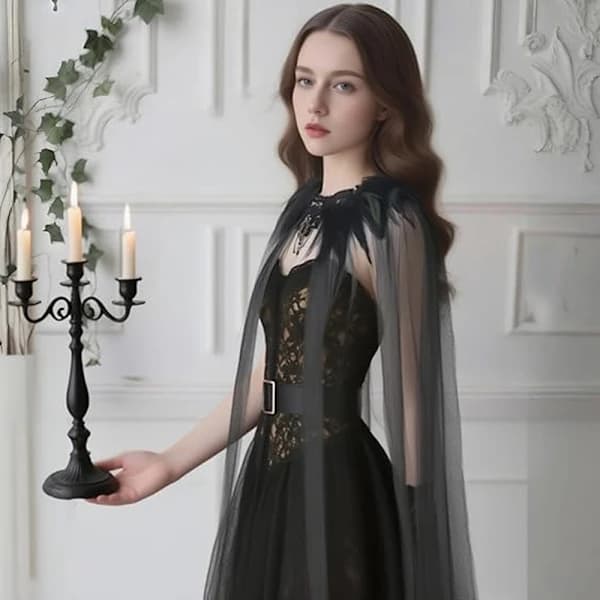 Gotisk fjer-kappe, sort transparent blanding af kunstig fjer-kappe, Halloween tyl-kappe