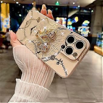 Kompatibelt deksel til iPhone 16 Pro med stativ TPU+PC Rhinestones Dekor Telefondeksel (Hvit)