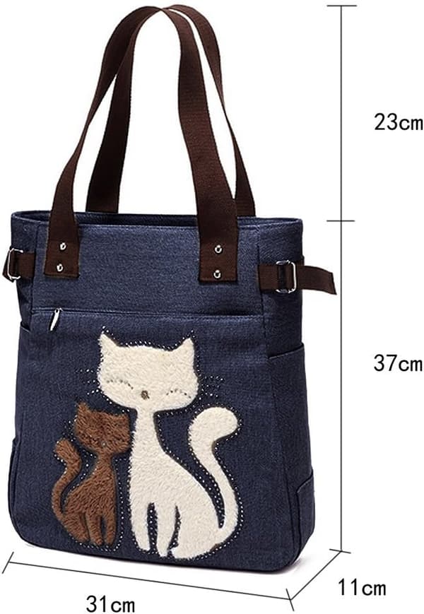 Kvinnor Canvas Tote Väskor Söta Katt Design Handväskor Axelväskor Mörkblå Dark Blue
