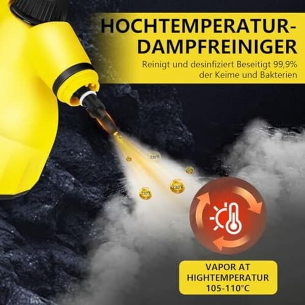 1000W Håndholdt Damprenser med 9 Tilbehør til Pletfjerning, Fedt, Bilsæder, Vinduer, Sofa, 350ml Tank