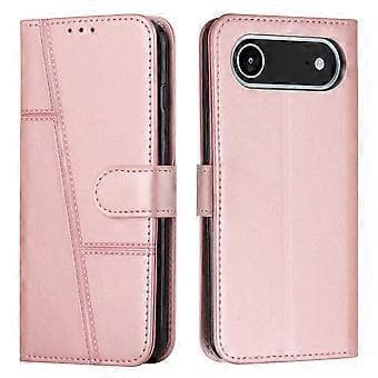 Kompatibel med iPhone 17 Air Skinntelefondeksel Sammenleggbart Stativ Lommebok Flip-deksel med Stropp (Rosegull)