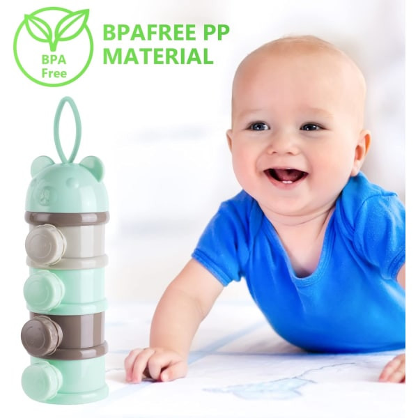 Baby Formula Dispenser, Portable 4 Layers 270ml Per Layer Twist-Lock Compartment, Stackable Snack Storage Containers Green/Grey