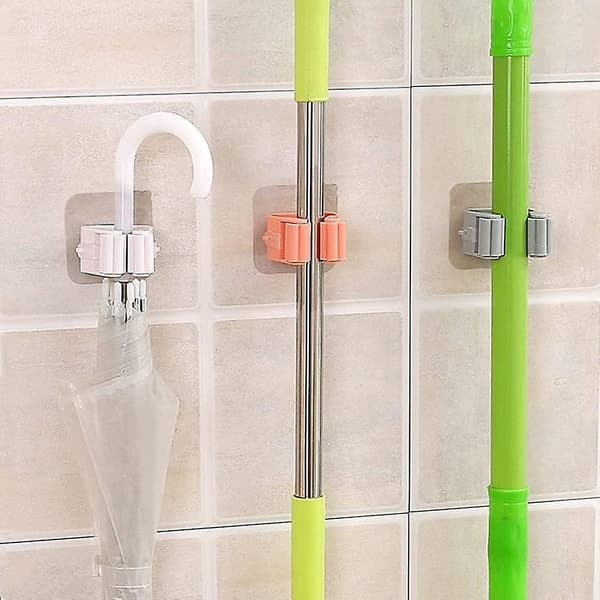 Broom Mop Holder, Self-Adhesive Wall Mounted Storage Rack Hanger for Bathroom Kitchen Office Closet Garden