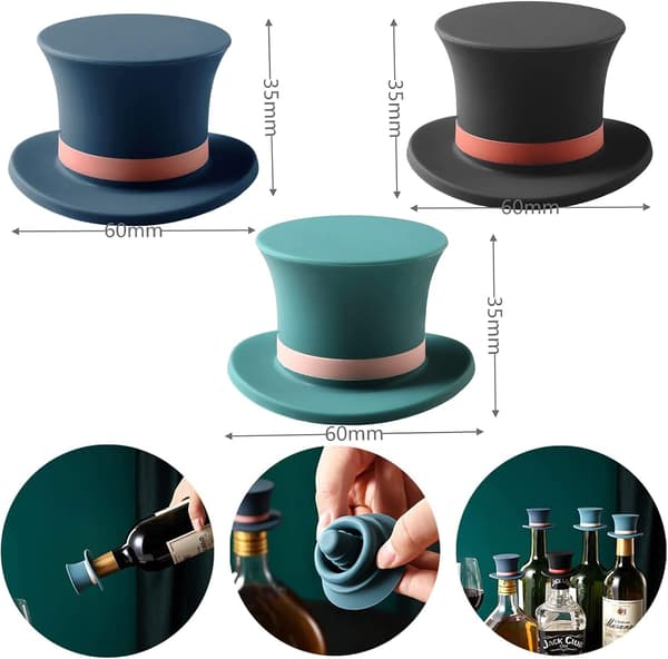 3 stk. vinflaskepropper i silikon, gentlemanhatt, morsom vin