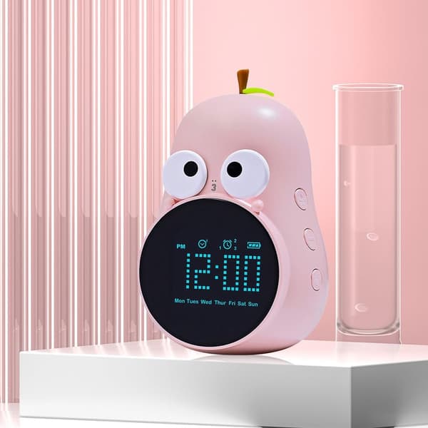 Voksende vækkeur, USB LED digitalt sengeur til børn med 6 ringetoner, ikke-tikkende pæreformet sød (pink)