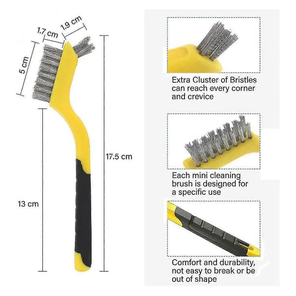 3 stk. stålbørstesett i nylon/messing/rustfritt stål med buet håndtak for rust, smuss og P