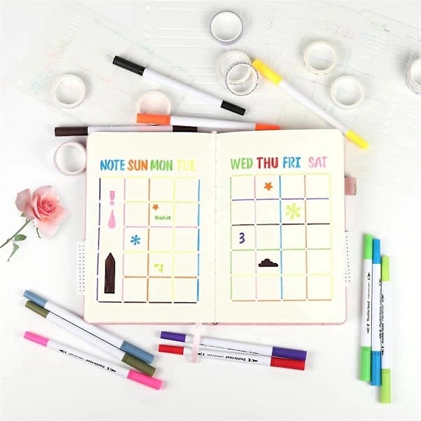 Prickig Journal-Set - Dubbla Spetsar Penslar, Washi Tejp och Schabloner för Kvinnor, Män och Tonåringar, Rosa
