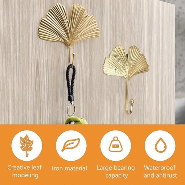 Iron Leaf Hooks, 4 Pcs Gold Ginkgo Leaf Shaped Wall Hooks, Modern Key Holder, Single Hook Hanger for Home Office