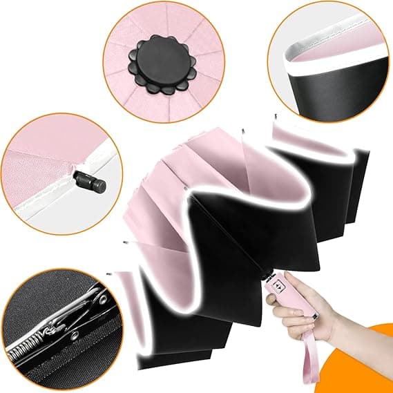 Paraply med reflekterende vinylstriper - rosa, unisex, automatisk