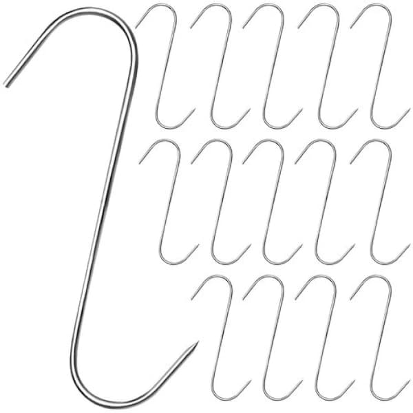 Stainless Steel S-Hooks with Sharp Point for Butchers, Grill Masters, and Hunters, 15-Pack