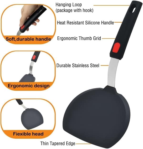 Silikonstekespade, Kraftig silikonstekespade for non-stick-kokekar, Bred pannekakestekespade for matlaging og baking
