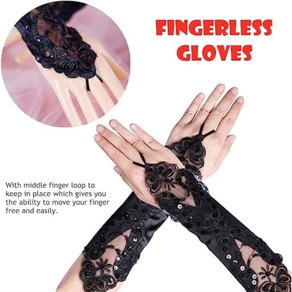 1 par blonde satin paillet brude fingerløse handsker (sort), en størrelse