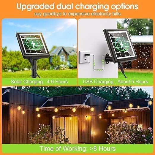 7m Outdoor Light String, Solar Powered Light Strings, 10 G40 LED Bulbs, IP44 Waterproof for Patio and Party