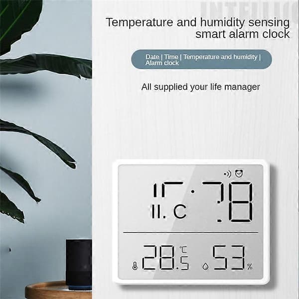 Digital Hygrometer Thermometer with Clock Humidity Meter Timer Alarm for Home Office Room White [DB]