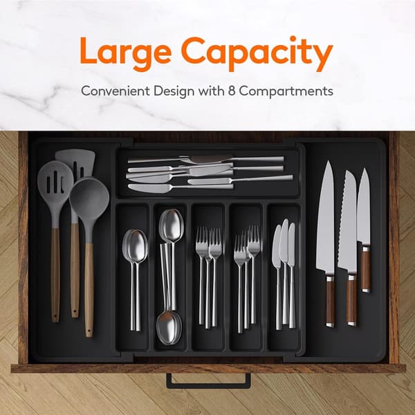 Cutlery Holder - Black, Expandable Cutlery Tray, Adjustable Drawer Organizer for Kitchen, Compa