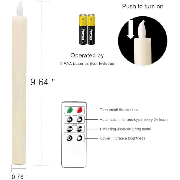 6-pack LED Taper Candles with Remote Control and Timer, Flickering Warm White Light in Real Wax for Home and Wedding, Ivory 24.5 cm D D